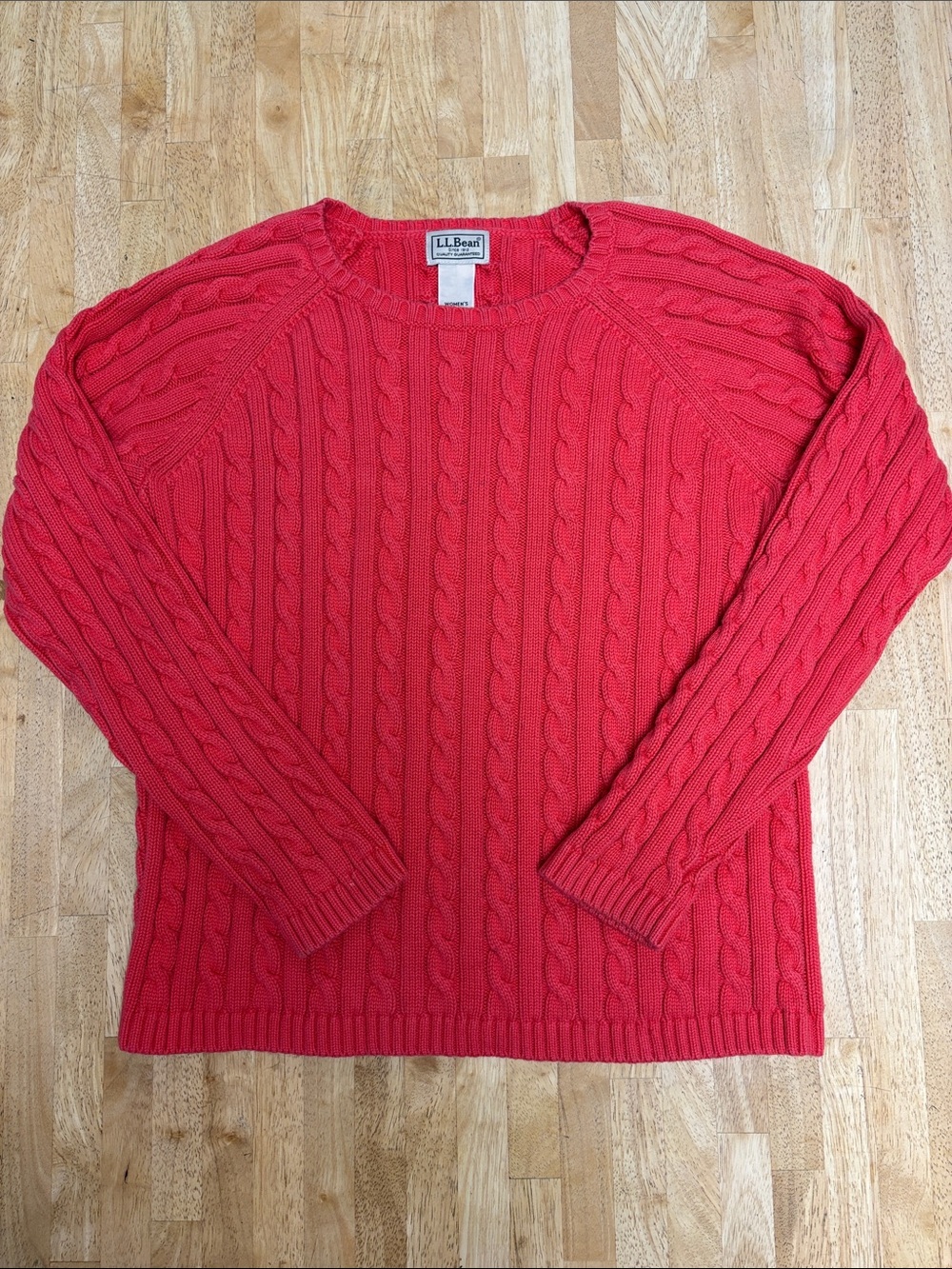 LL Bean Cable Knit Crewneck Sweater 100% Cotton Salmon Coral Pink Womens M